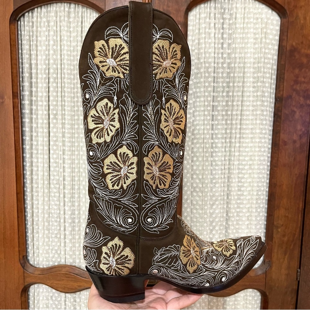 ✨Old Gringo Brown Leather Embroider Tan Butter Yellow Floral Heel Boot 6.5 Rodeo - Picture 14 of 16
